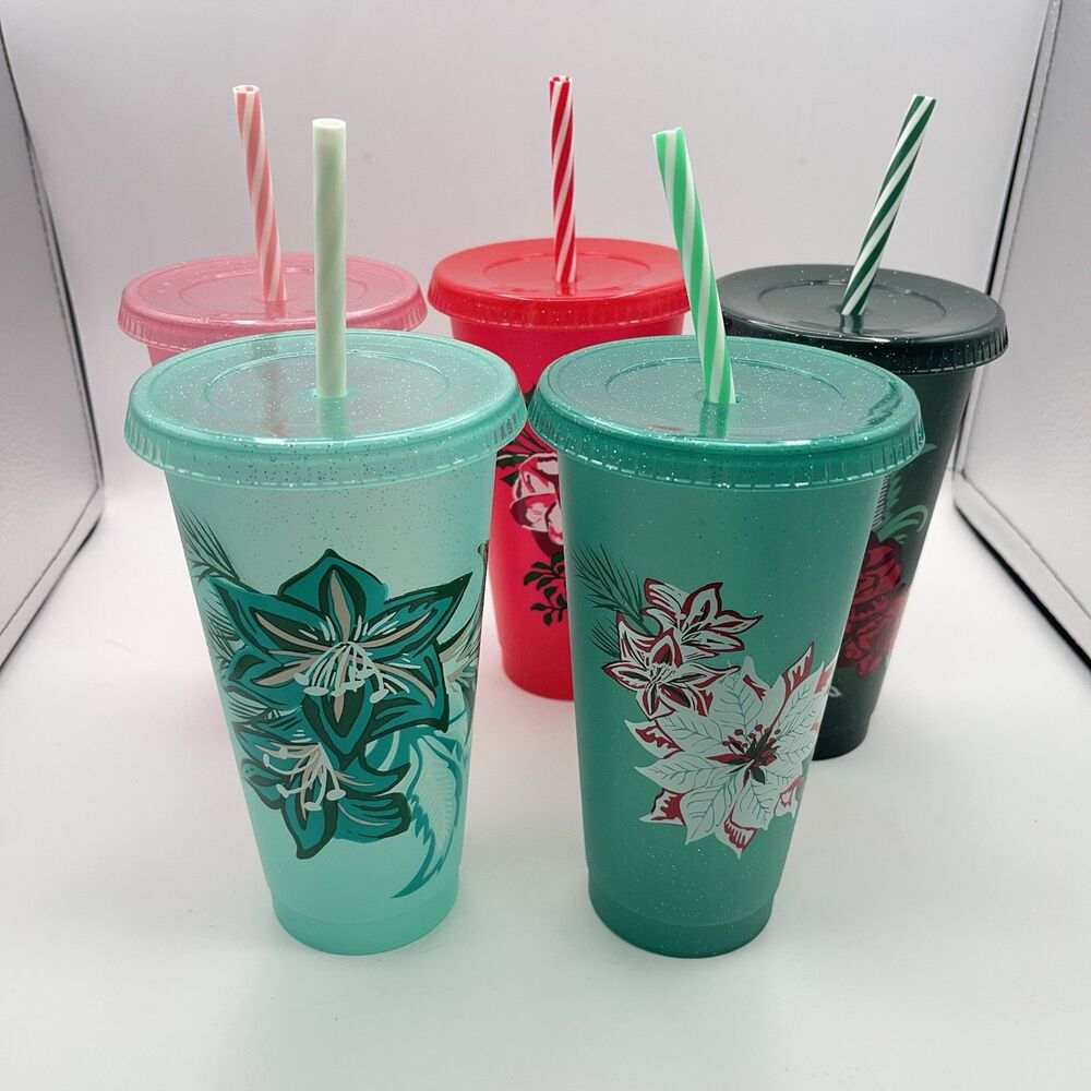 Starbucks Reusable Cold Cups w/ Lids & Straws Lot of 5 Winter 2020 Themed